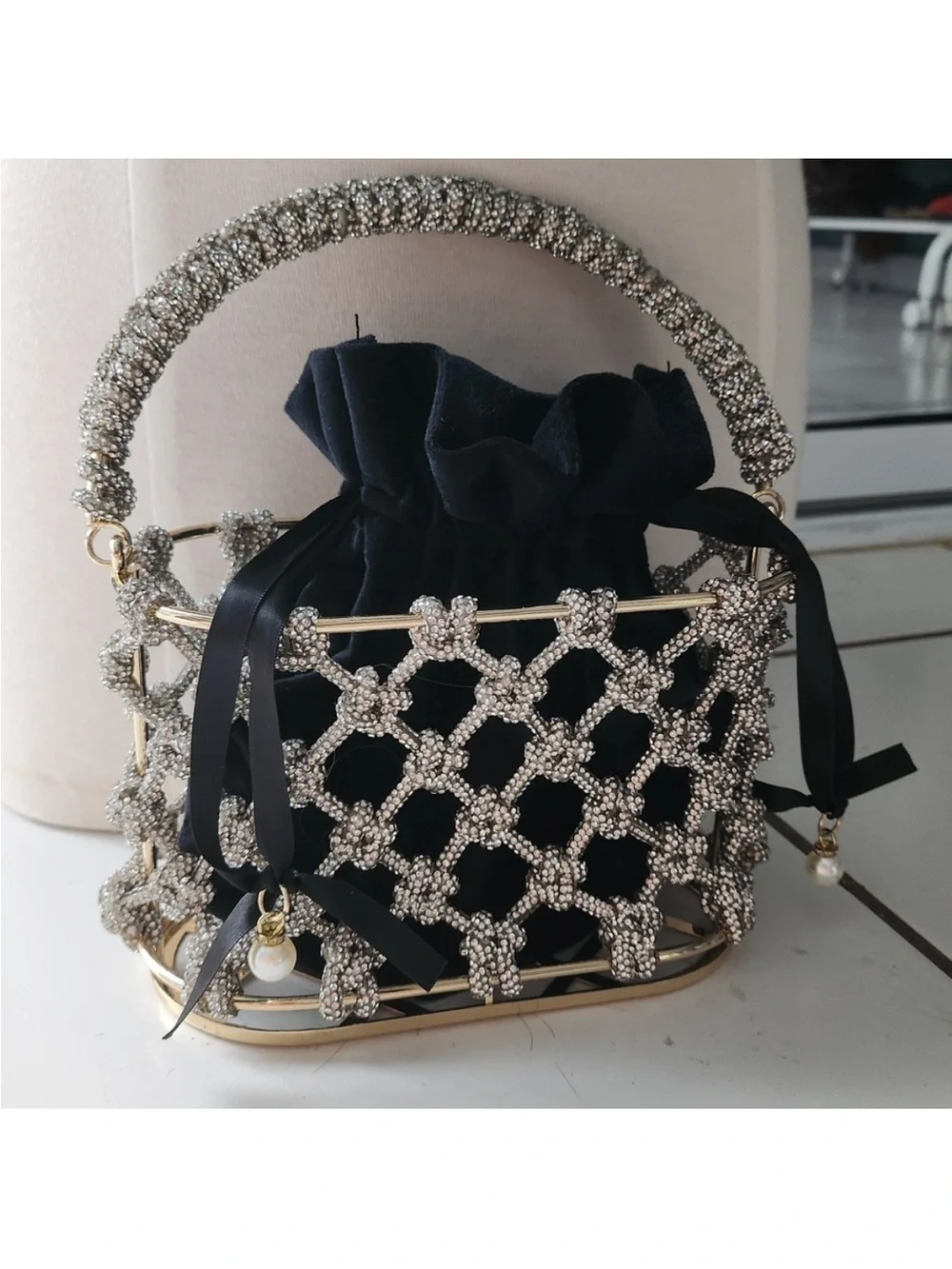 Crystal Mesh Gold Evening Wristlet with Black Drawstring Pouch